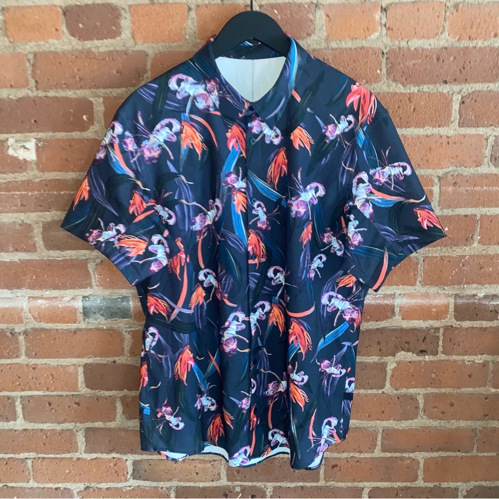 lululemon athletica Floral Print Casual Button Down Shirt - Navy and Orange